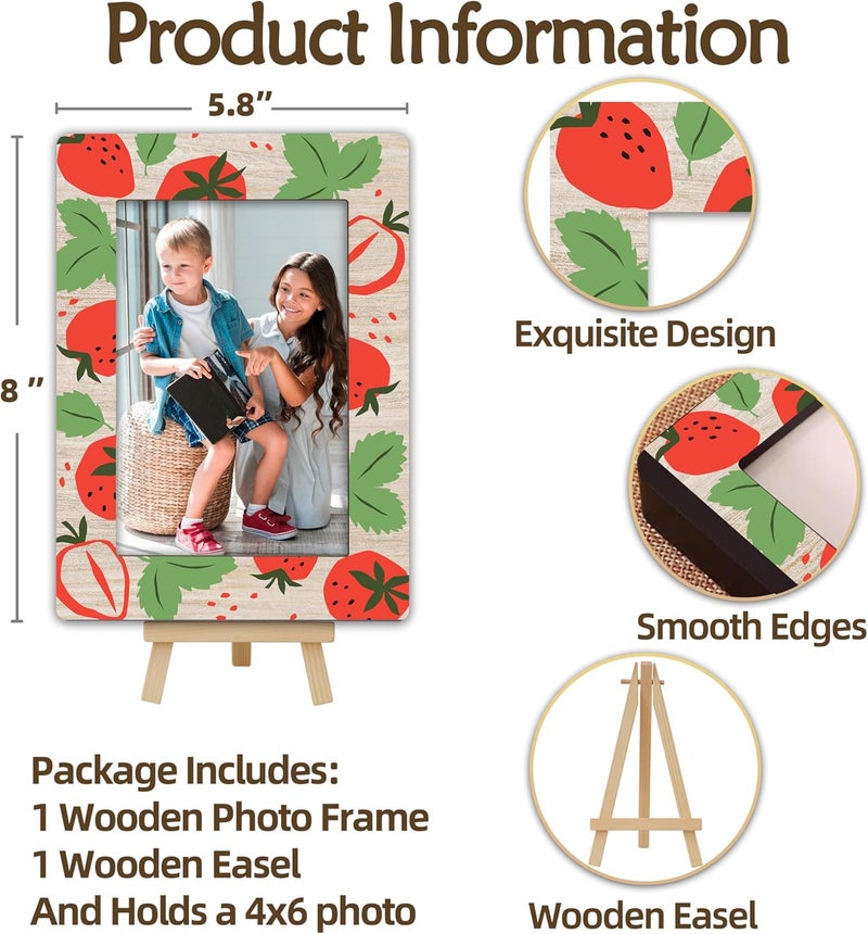 OXRUN Strawberry 4x6 Picture Frame, Sweet Berry Wooden Photo Frame with Easel, Display Photo Insert, Newborn Gifts, Nursery Decor - A06 - Image 2
